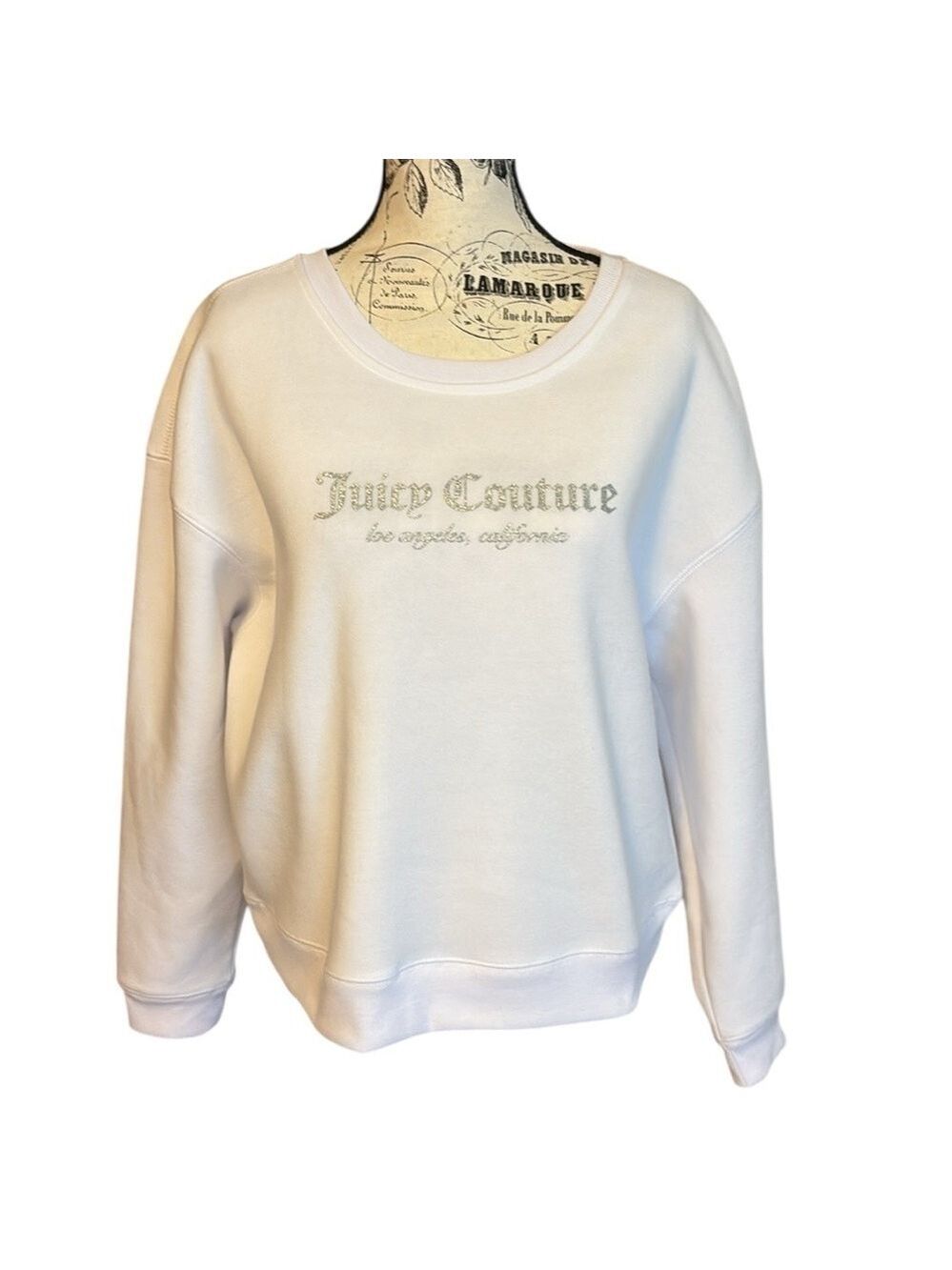 Juicy Couture Logo Crewneck Sweatshirt with Ribbed Cuffs White Size L New